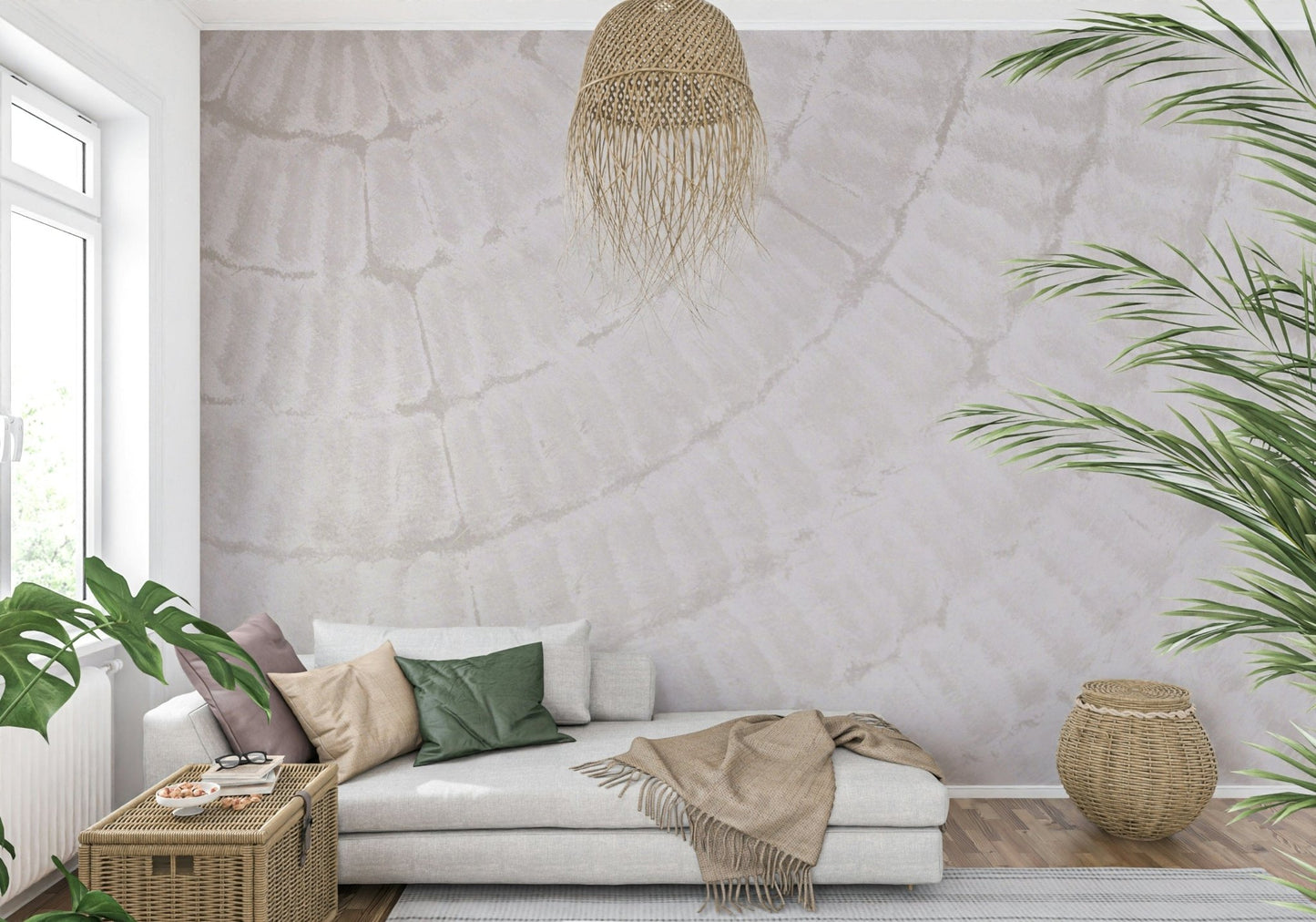 Textured wall mural featuring delicate oyster shell patterns for a serene, nature-inspired accent wall.