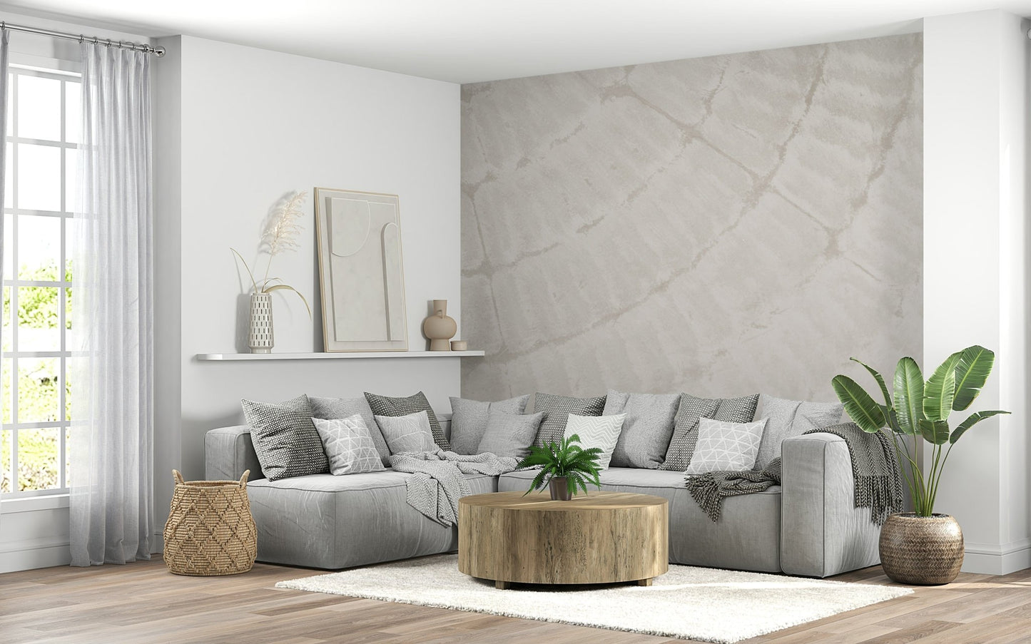 Decorative oyster shell wallpaper mural adding depth and natural elegance to living rooms or bedrooms.