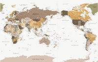 Pacific Centered Travel Map wallpaper mural shown as a full-wall sepia world map centered on the Pacific