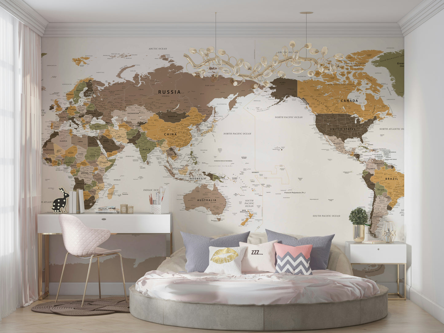 Pacific Centered Travel Map wallpaper mural in a bedroom with a round bed and pink desk and chair