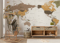 Pacific Centered Travel Map wallpaper mural behind a rattan hanging swing chair and marble console