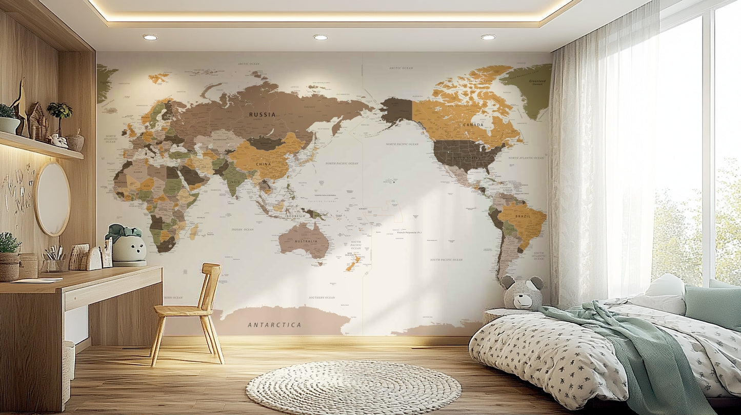 Pacific Centered Travel Map wallpaper mural in a child's bedroom with a wood desk and floral bedding