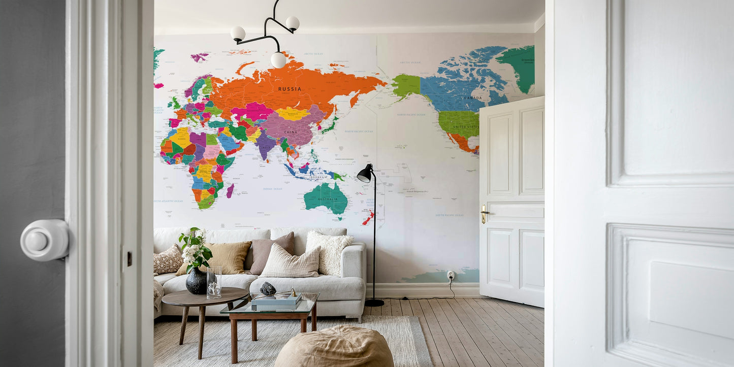 Pacific Centered World Map Fun Colors Wall Mural