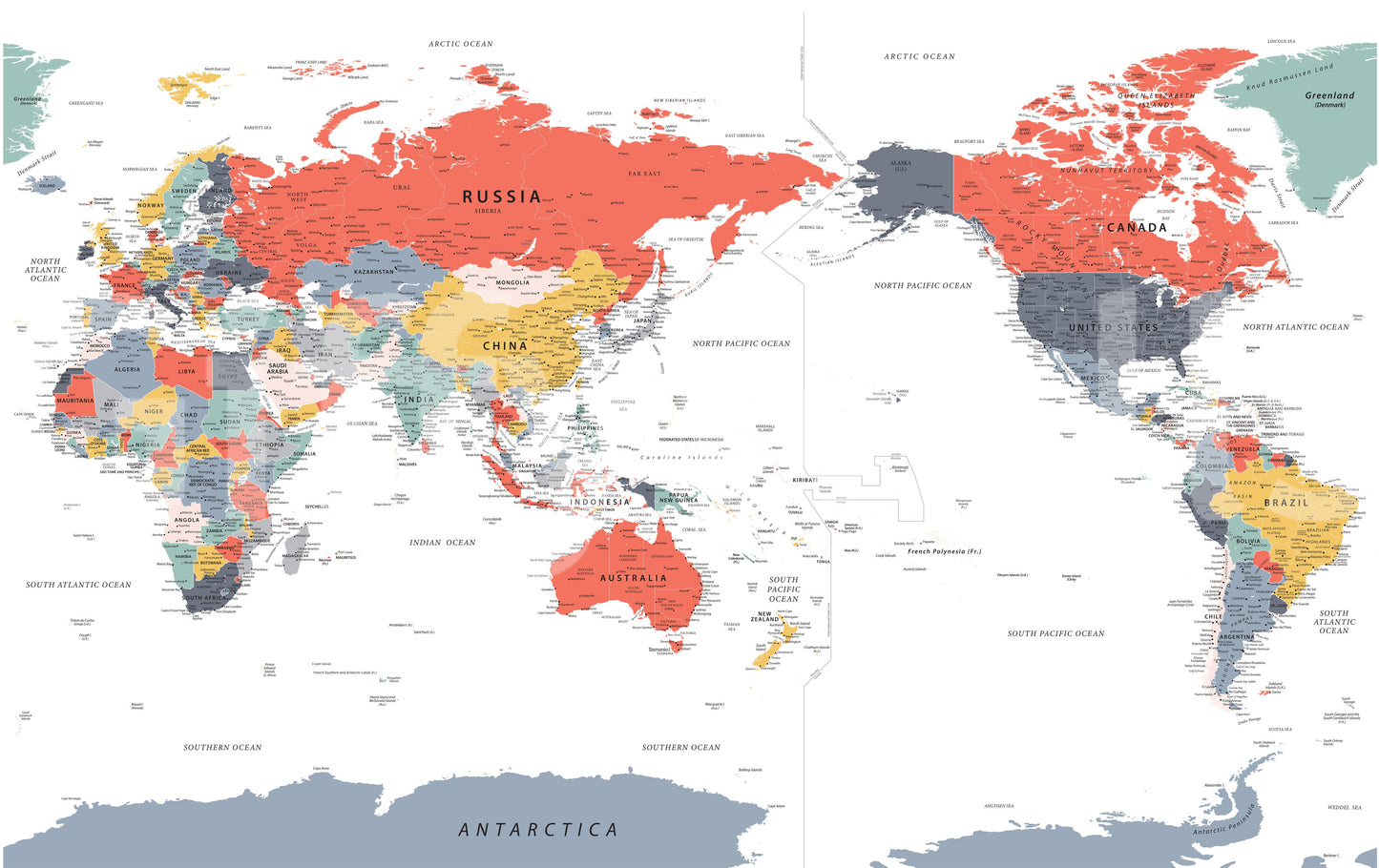 Pacific Centered World Map in Happy Colors wallpaper mural shown as a full-wall vivid world map on the Pacific
