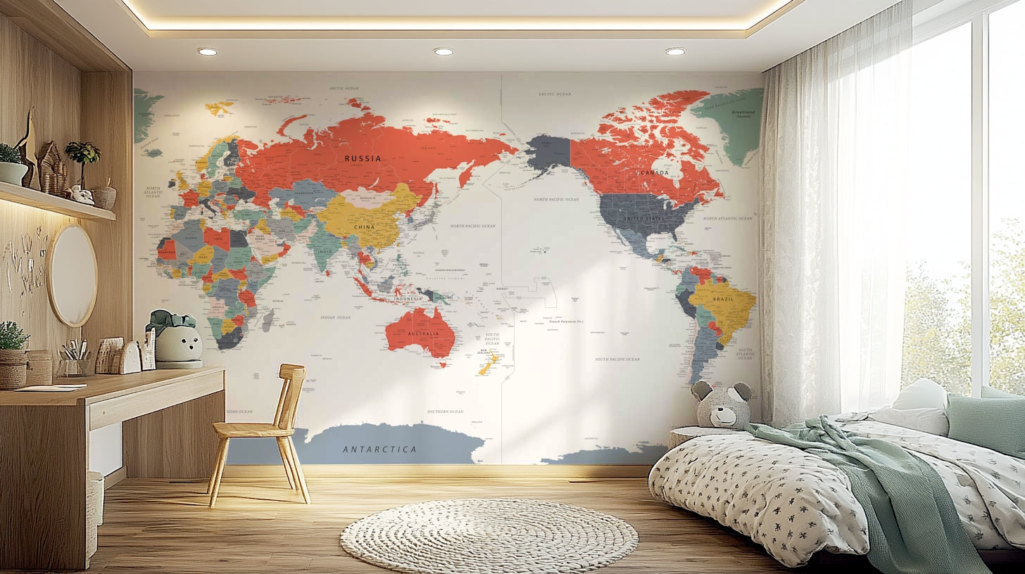 Pacific Centered World Map in Happy Colors wallpaper mural behind a wood kids desk and chair with floral bedding