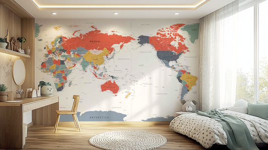 Pacific Centered World Map in Happy Colors Wall Mural