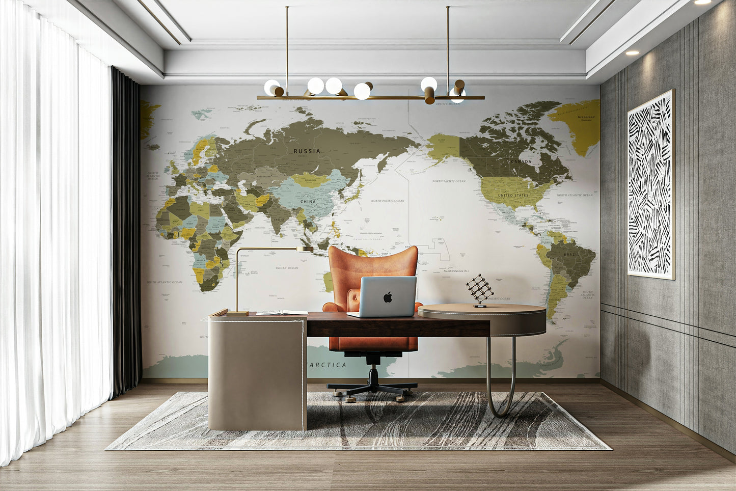Pacific Centered World Map Olive Green Wall Mural