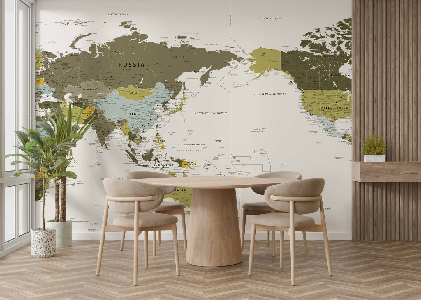 Pacific Centered World Map Olive Green Wall Mural