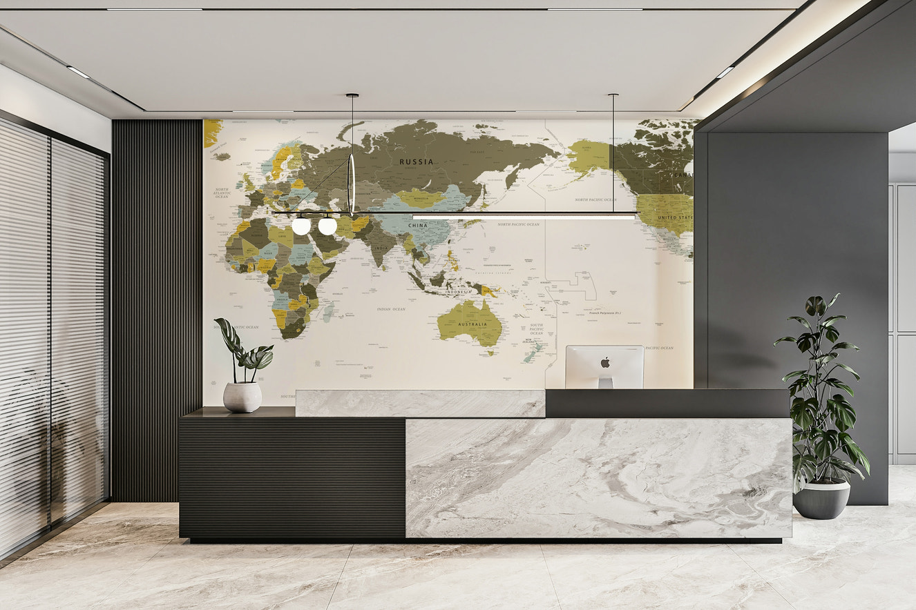 Pacific Centered World Map Olive Green Wall Mural