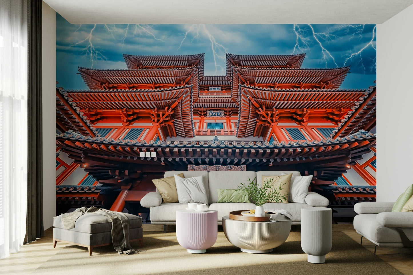 A calming mysterious temple wallpaper mural that defines a space.


