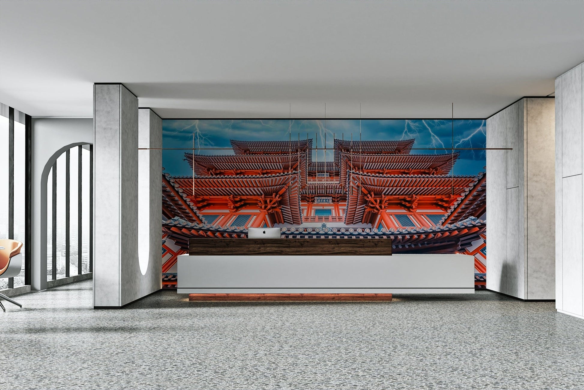 A peaceful fantasy scene mural on decorative wallpaper.

