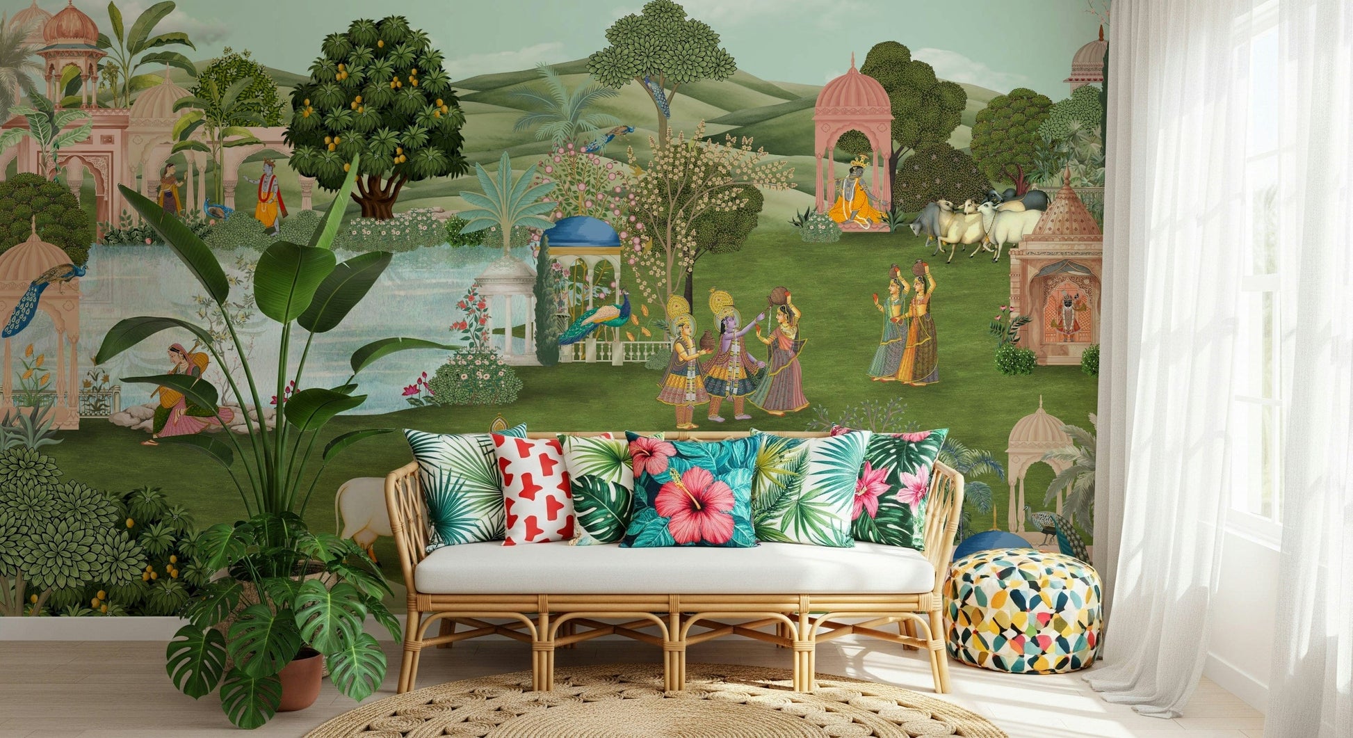 Pahari peacock and foliage wall mural in muted pastel tones