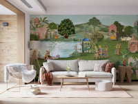 Pahari-style peacocks and flowering branches on a hand-painted wall mural