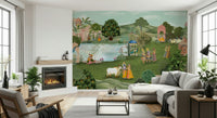 Detailed peacock feathers and blossoms in a classic Pahari wall mural design
