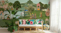 Pahari peacock and foliage wall mural in muted pastel tones