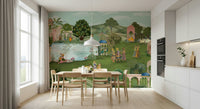 Peacock pair in a nature scene, Pahari-inspired wall mural artwork