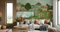 Close-up of peacock motif and floral border in a Pahari wall mural