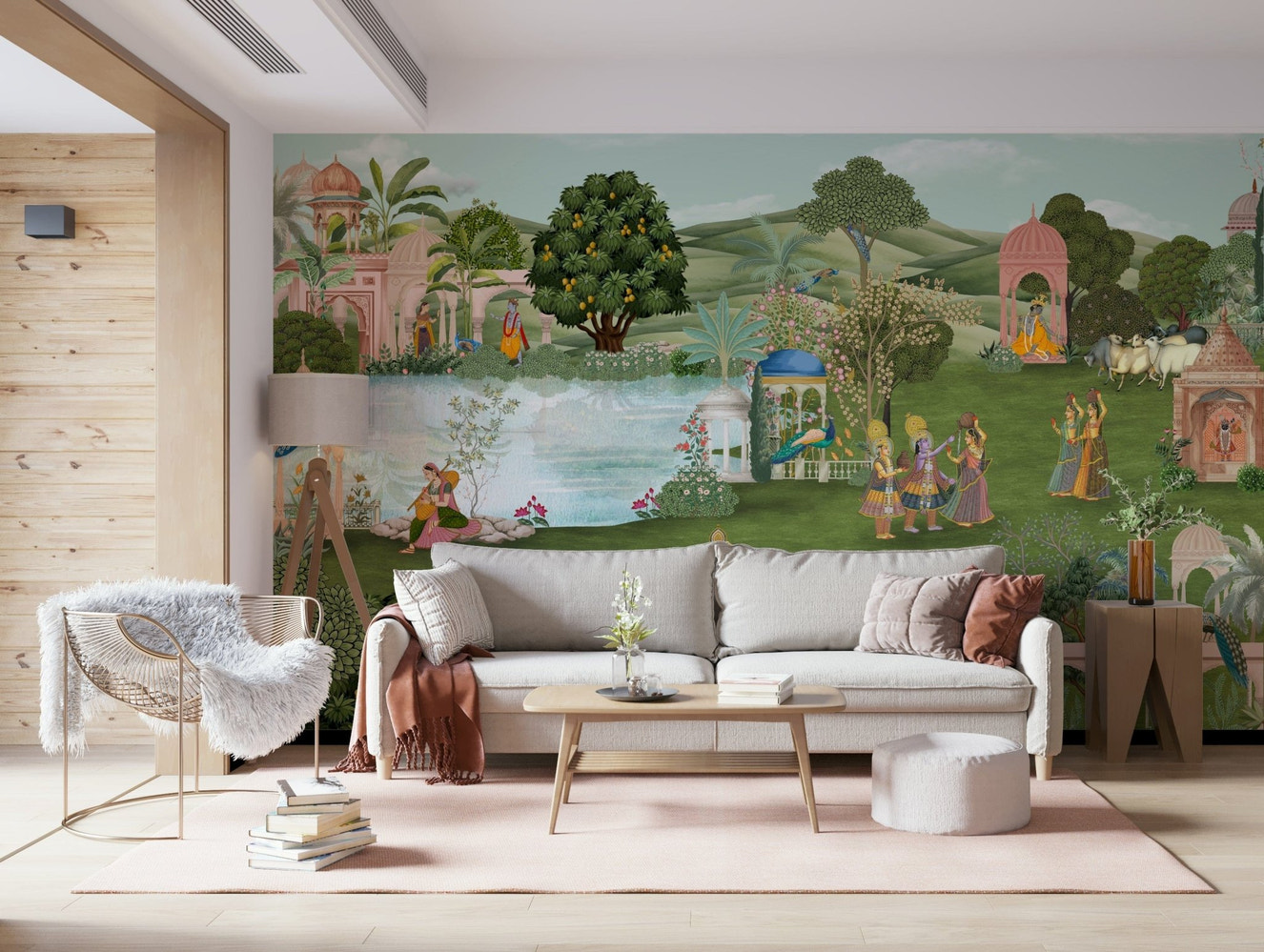 Pahari-style peacocks and flowering branches on a hand-painted wall mural