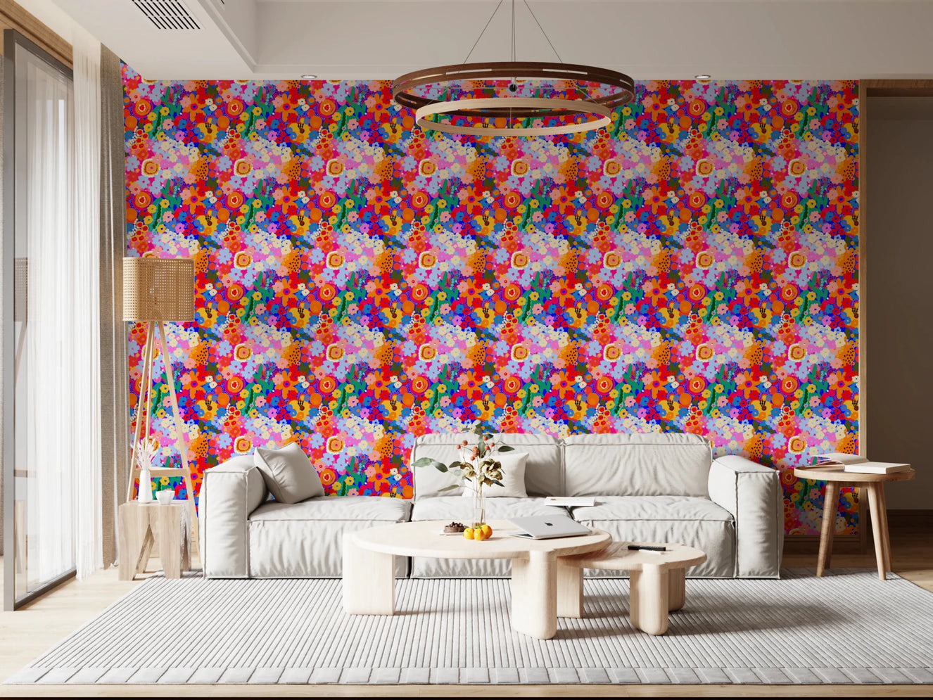 Painted Garden Bloom Spring Colorful Flowers living room Wallpaper with vibrant blue backdrop.