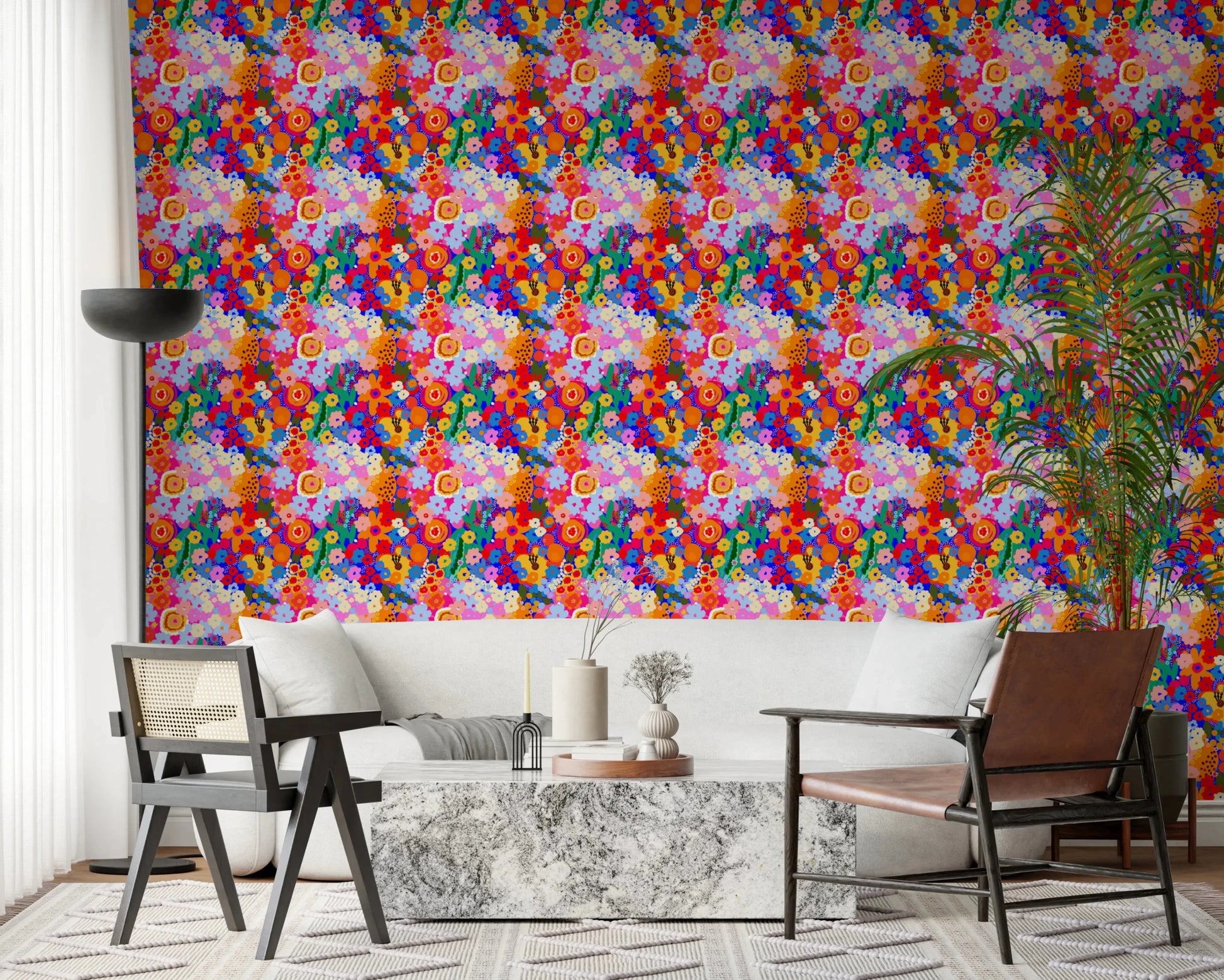 Playful Painted Spring Colorful Flowers Wallpaper for office area walls.