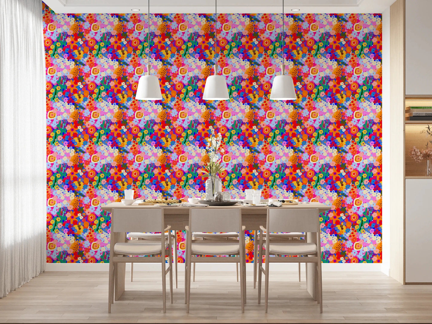 Painted Garden Bloom Spring Colorful Flowers dining room Wallpaper abstract floral design