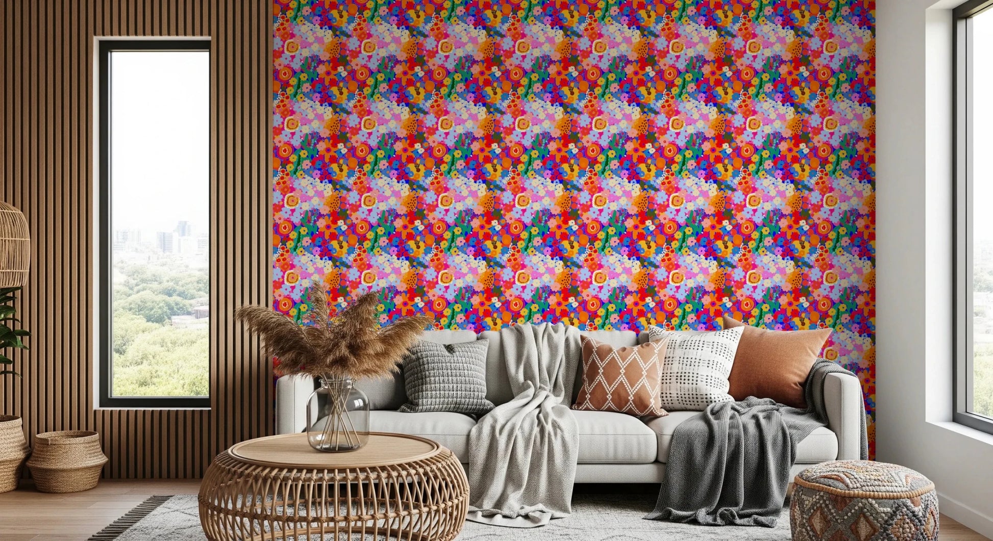 Bright Painted Garden Bloom Spring Colorful Flowers Wallpaper blue backdrop