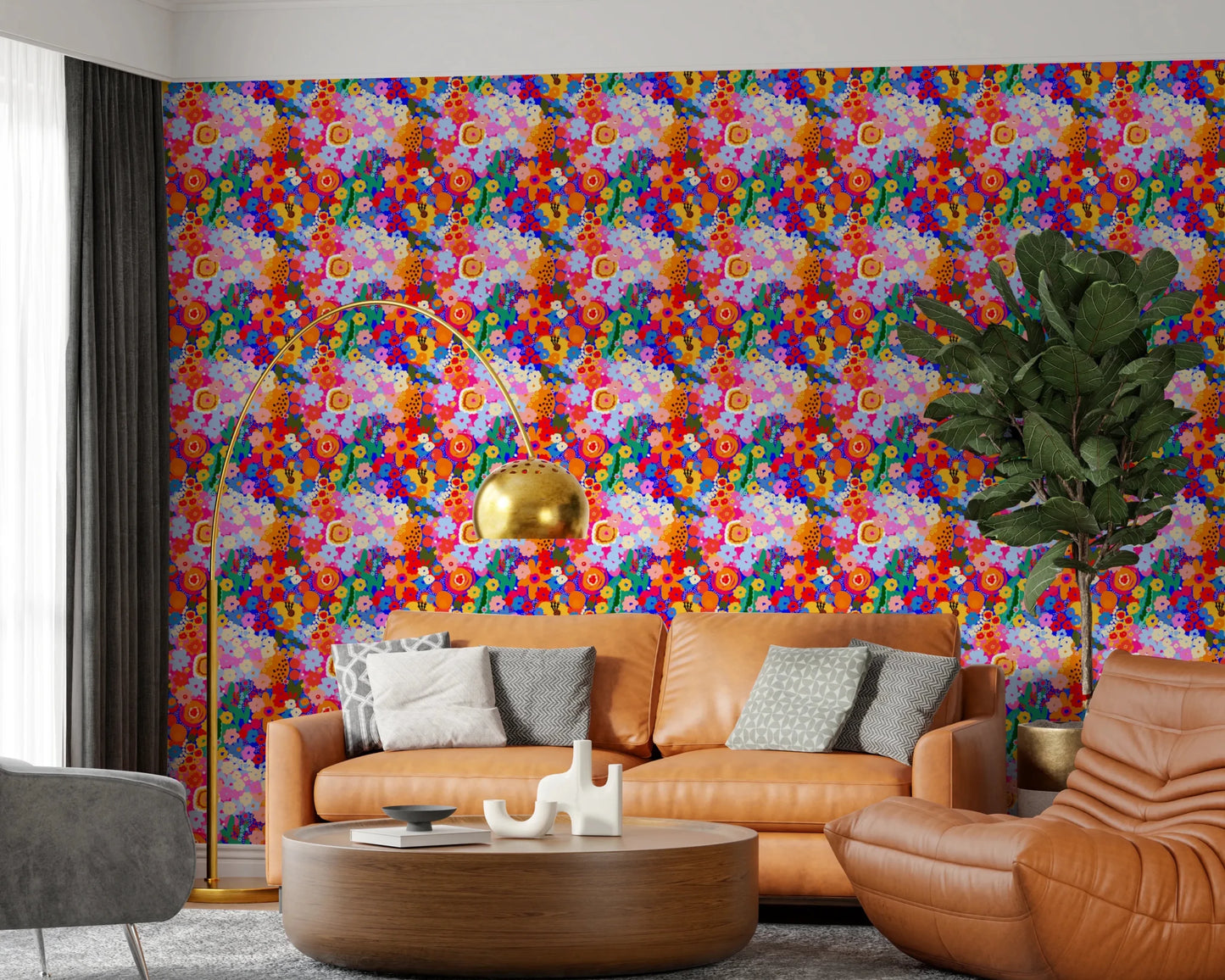 Artistic Painted Garden Bloom Spring Colorful Flowers Wallpaper for modern office wall decor