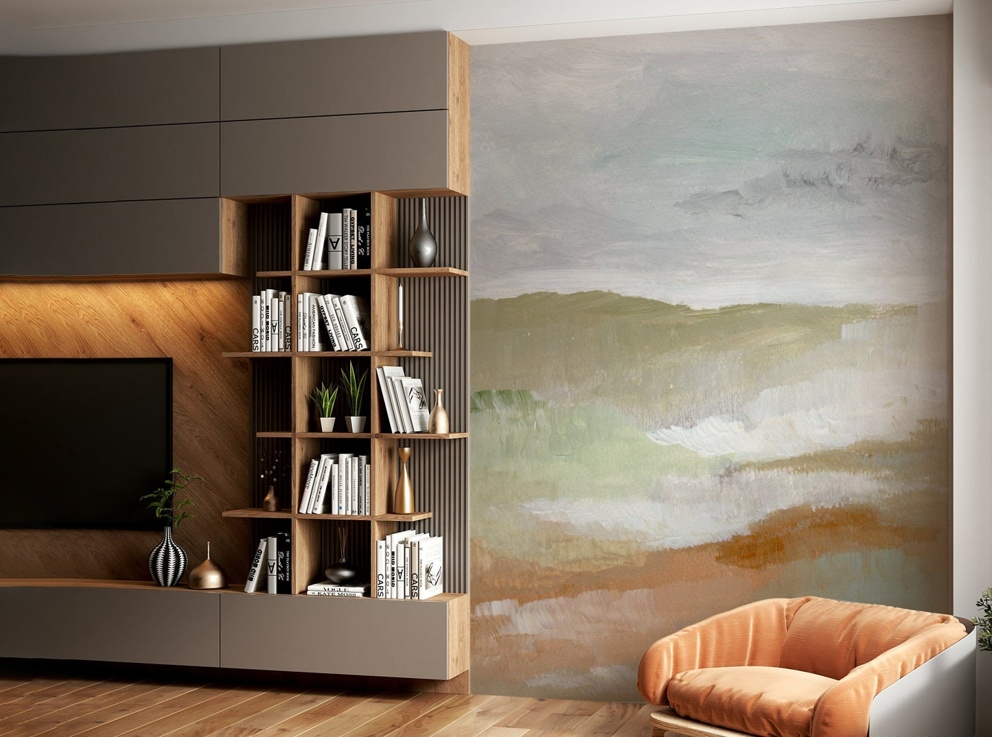 A wall mural of a painted landscape.

