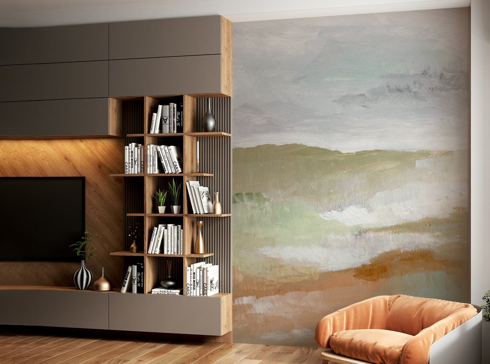 A wall mural of a painted landscape.

