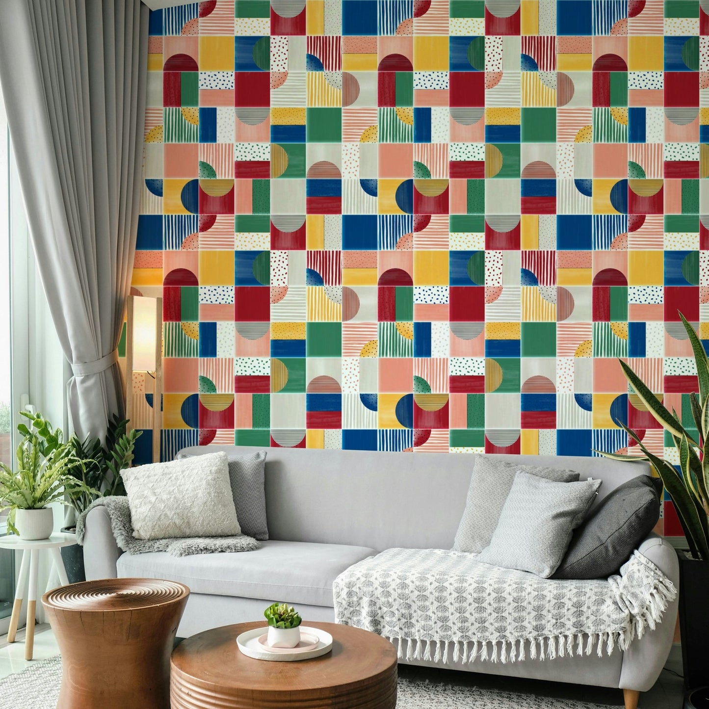 Artistic wall mural with modern tiles

