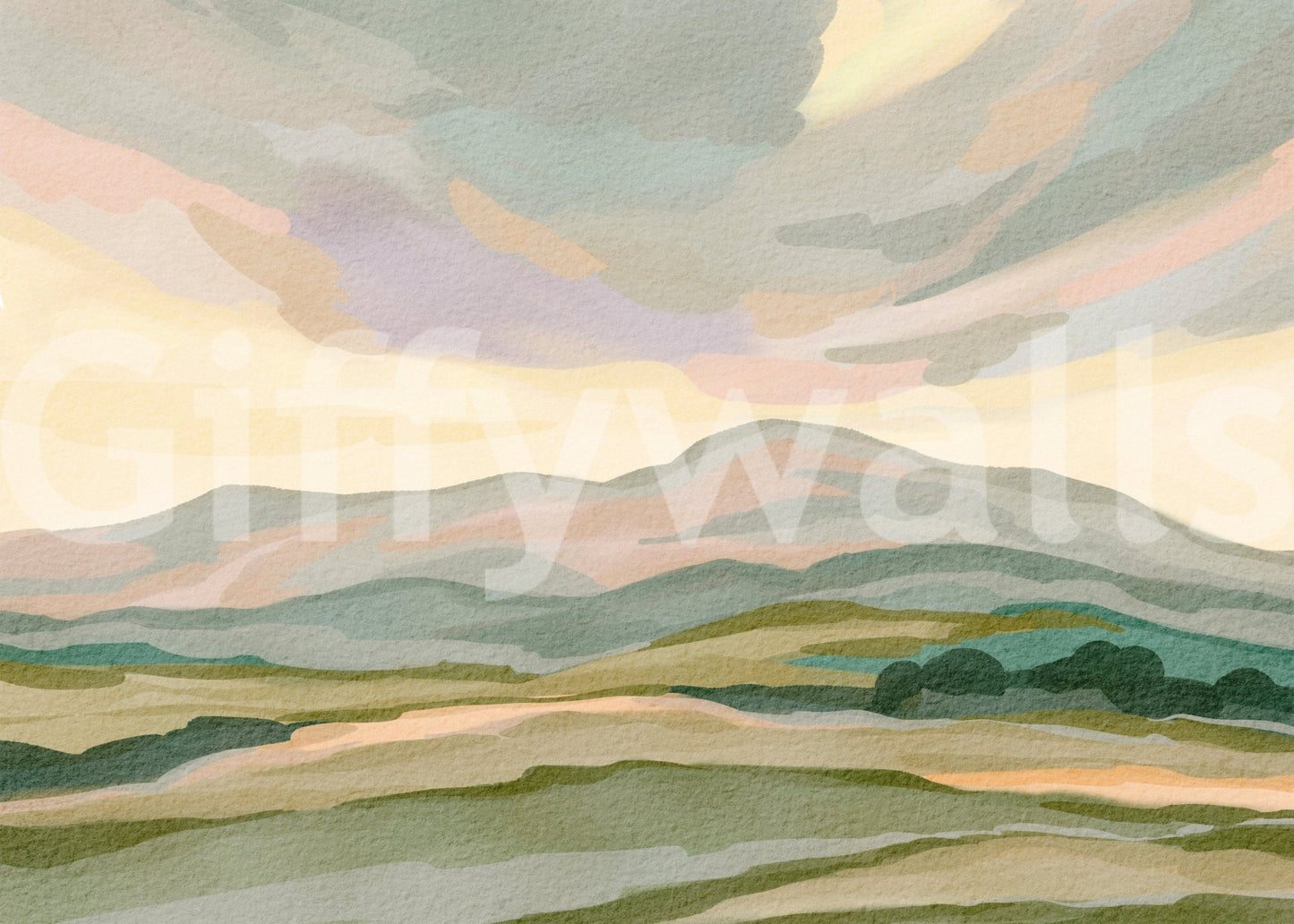 Handpainted-look Painted Mountainscape wallpaper for modern walls.