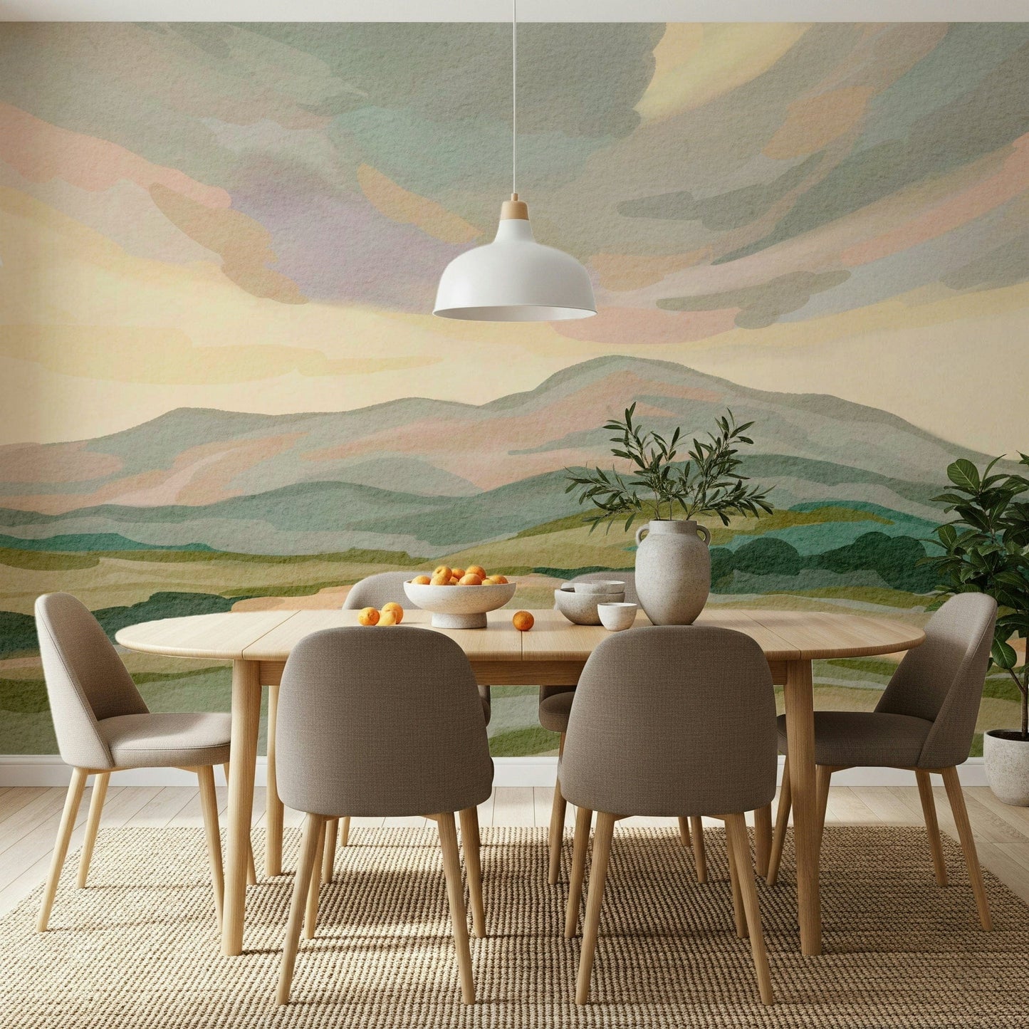 Gentle rolling terrain Painted Mountainscape peaceful scenery decor.