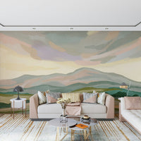 Textured Painted Mountainscape wallpaper gentle earth tone layers.