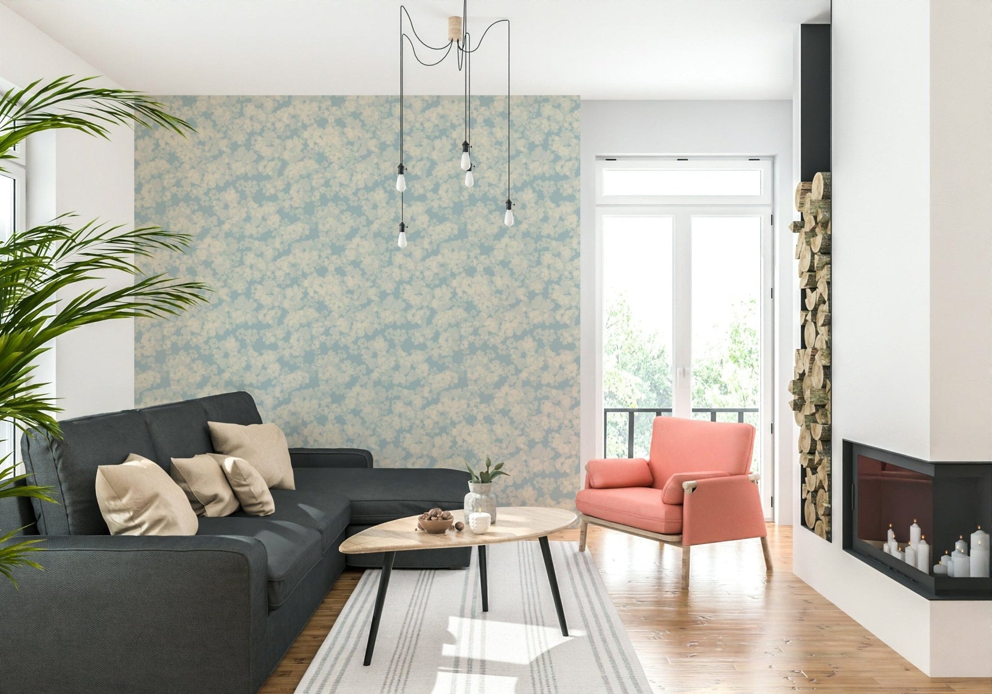 Pale sky blue blossom wallpaper for soothing room aesthetic, Painted Petals Calm.