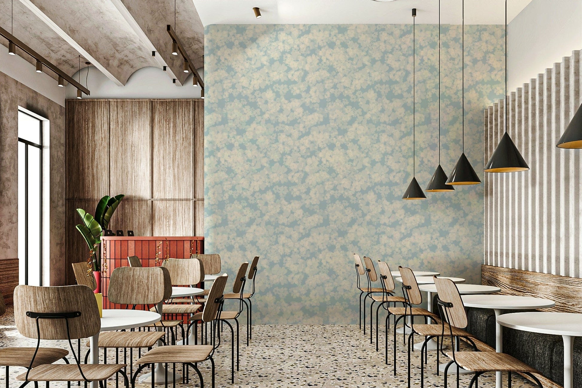 Soft botanical stroke wallpaper, graceful light blue tones, Painted Petals Calm.