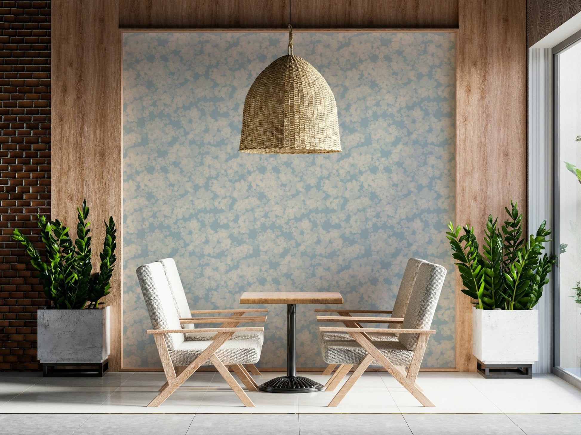 Painted Petals Calm wallpaper, gentle blue flower print, peaceful home design.