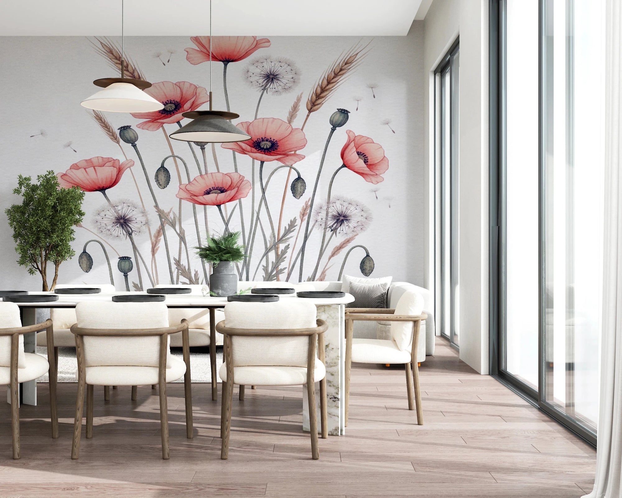 Painted Poppy Meadow wallpaper mural of red poppies and wheat above a marble dining table with bouclé chairs