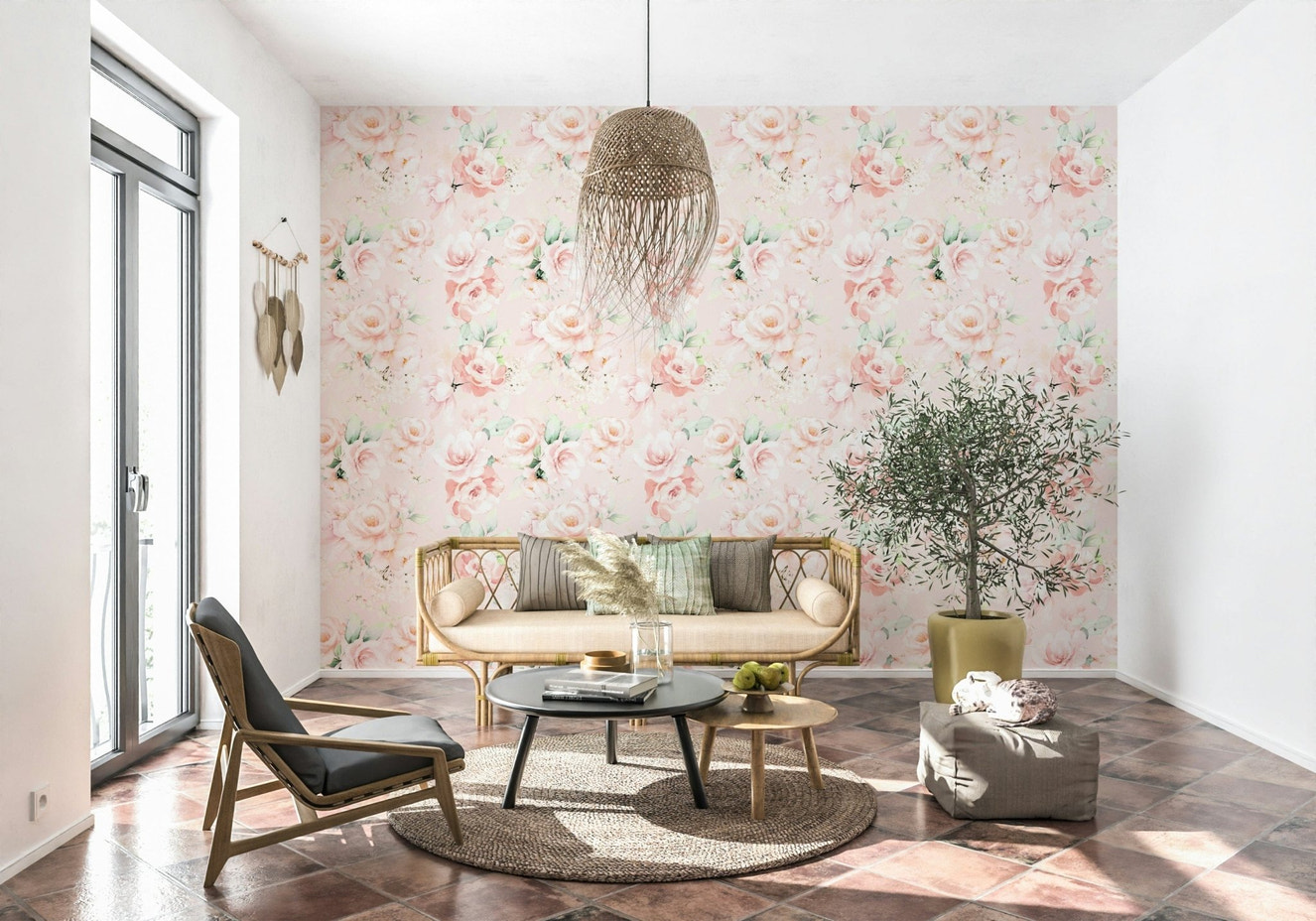 Painted Rose Garden wallpaper for walls subtle blush floral design.