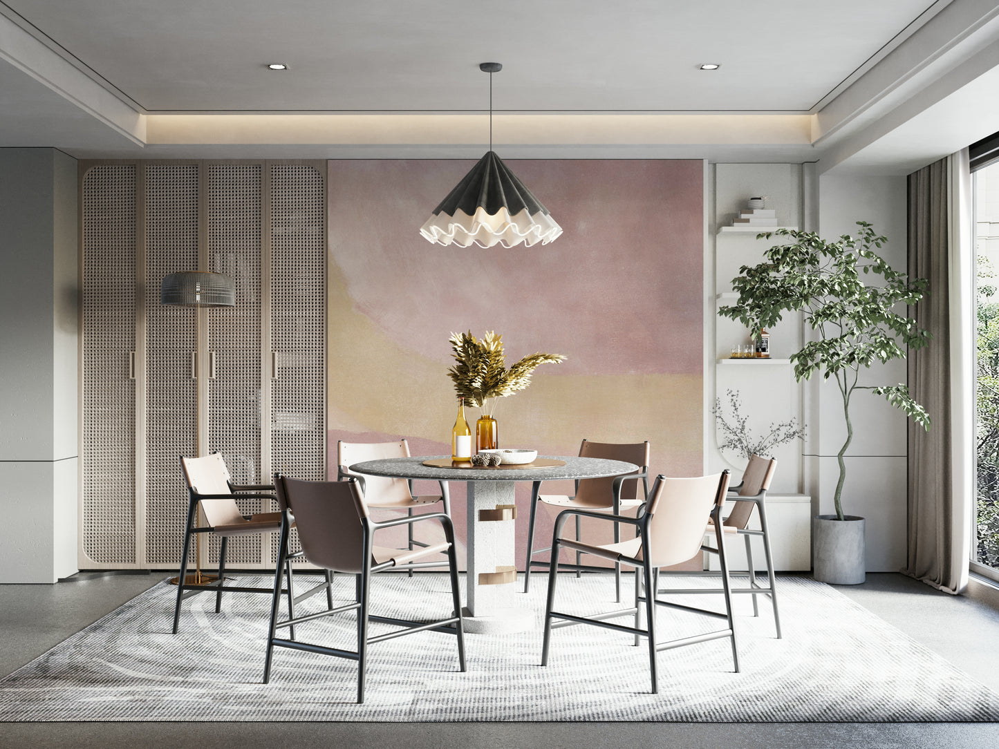 Abstract mural with blush curved shapes

