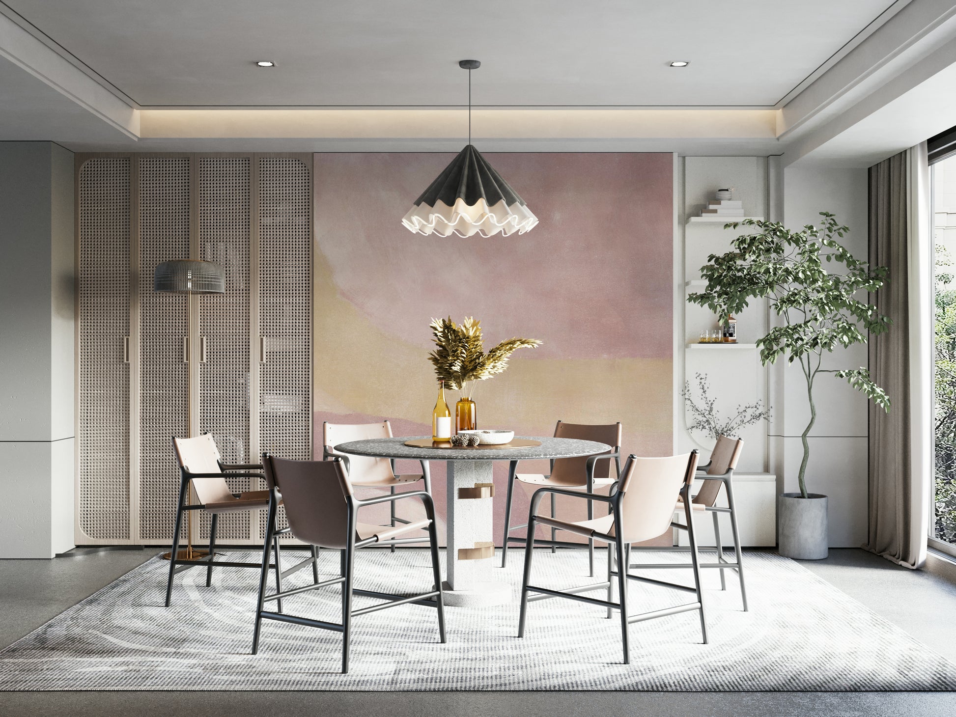 Abstract mural with blush curved shapes

