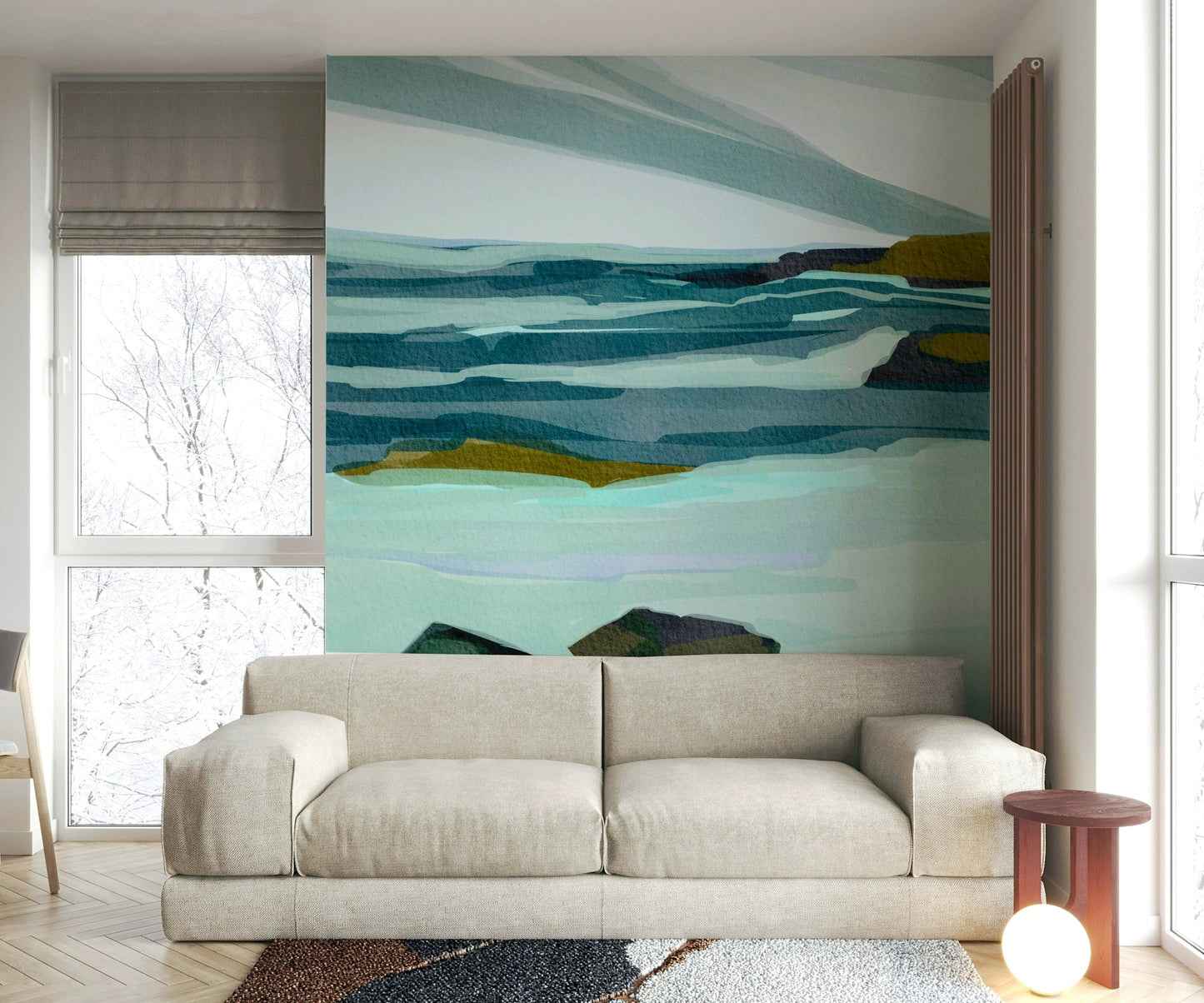 The room's lighting highlights the serene, quiet feel of the mural.

