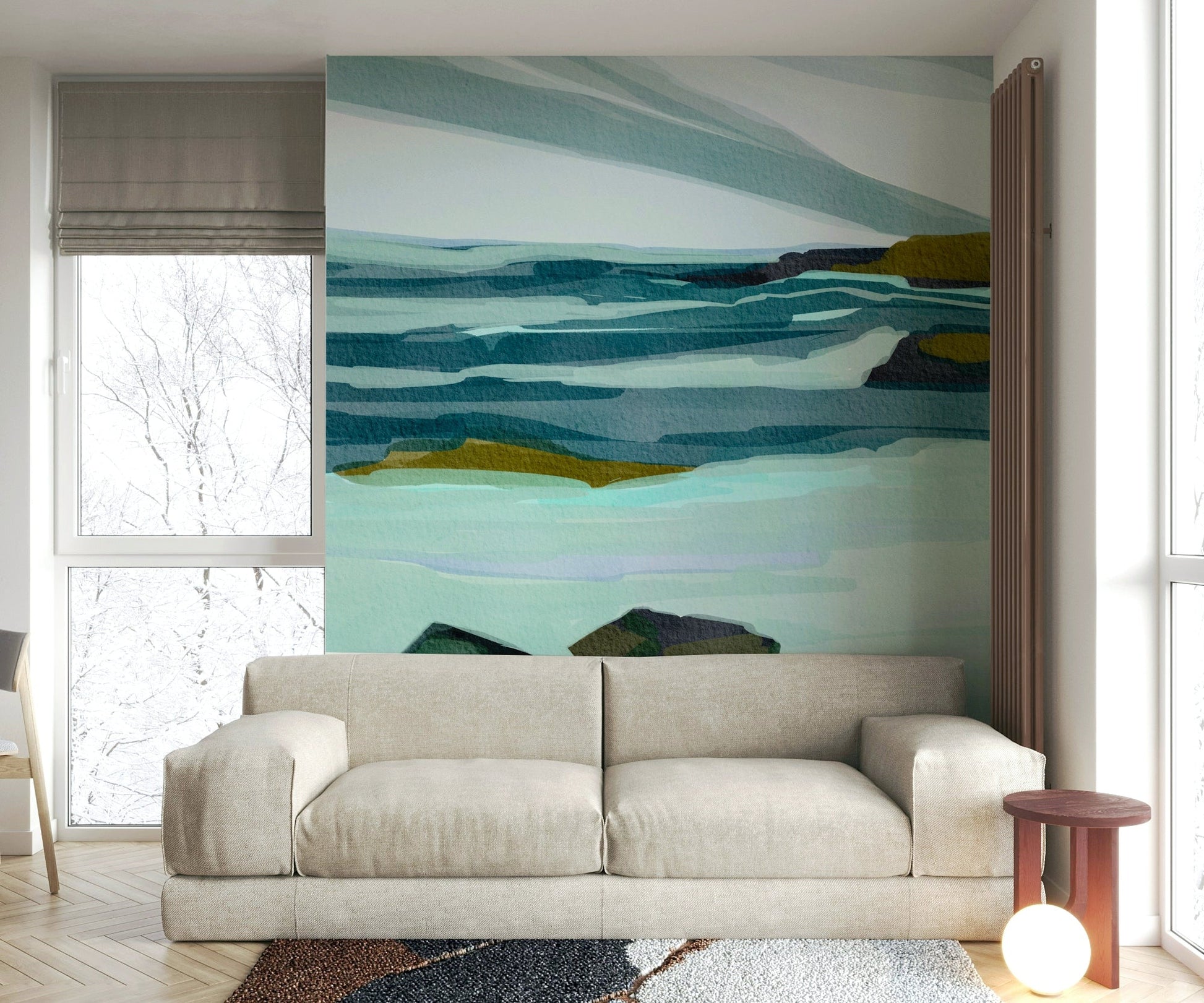 The room's lighting highlights the serene, quiet feel of the mural.

