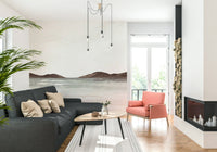 Abstract shoreline mural behind sofa, watercolor look, modern apartment wall decor