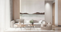 Painted beach wall mural behind bed, modern bedroom wall decor, calm blues
