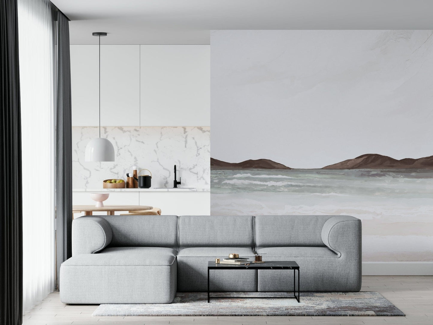 Ocean shoreline mural in reading nook, gentle color tones, minimalist decor