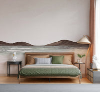 Coastal watercolor mural for nursery, soft ocean scene, neutral sand colors