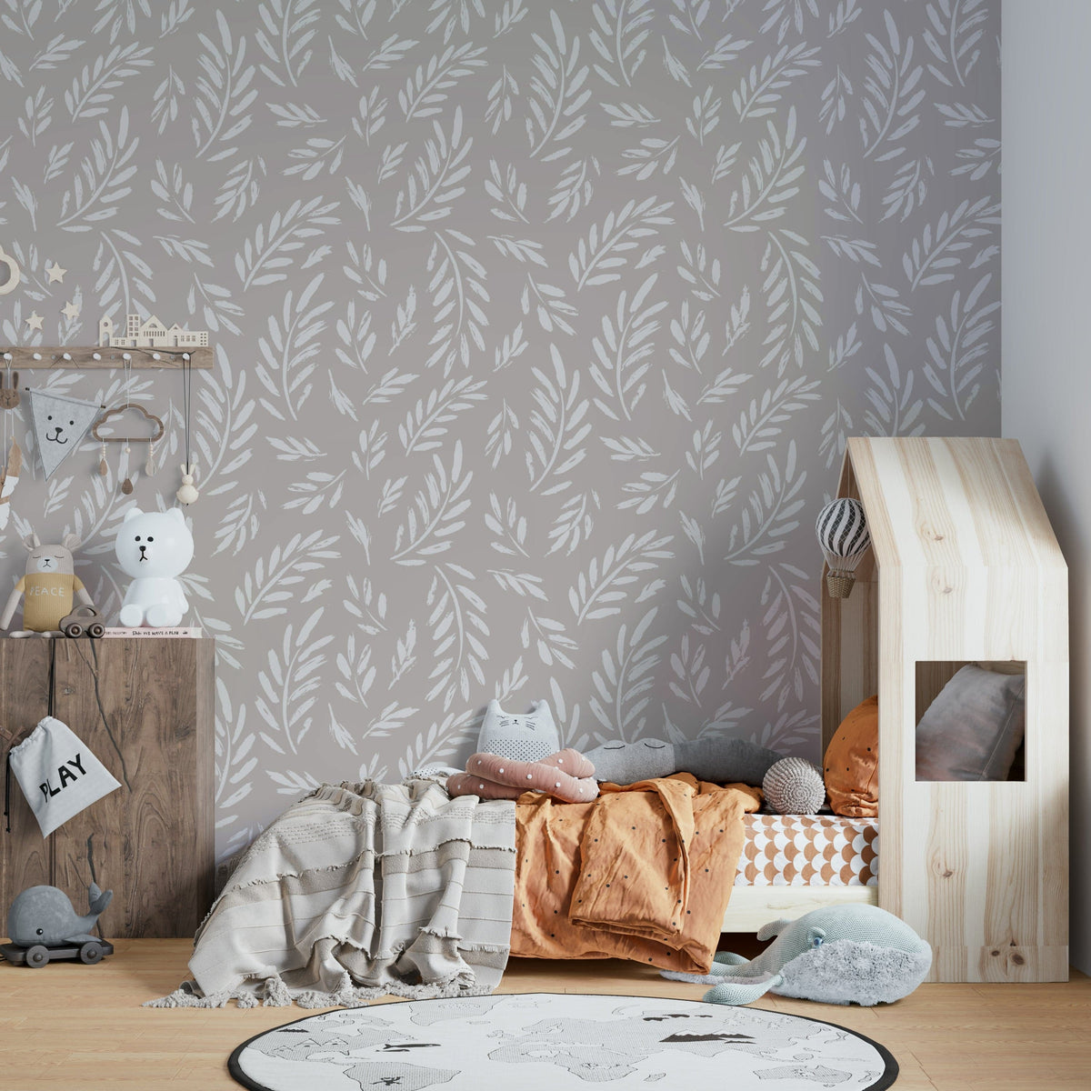 The design is a sparse, repeating pattern of delicate twigs.
