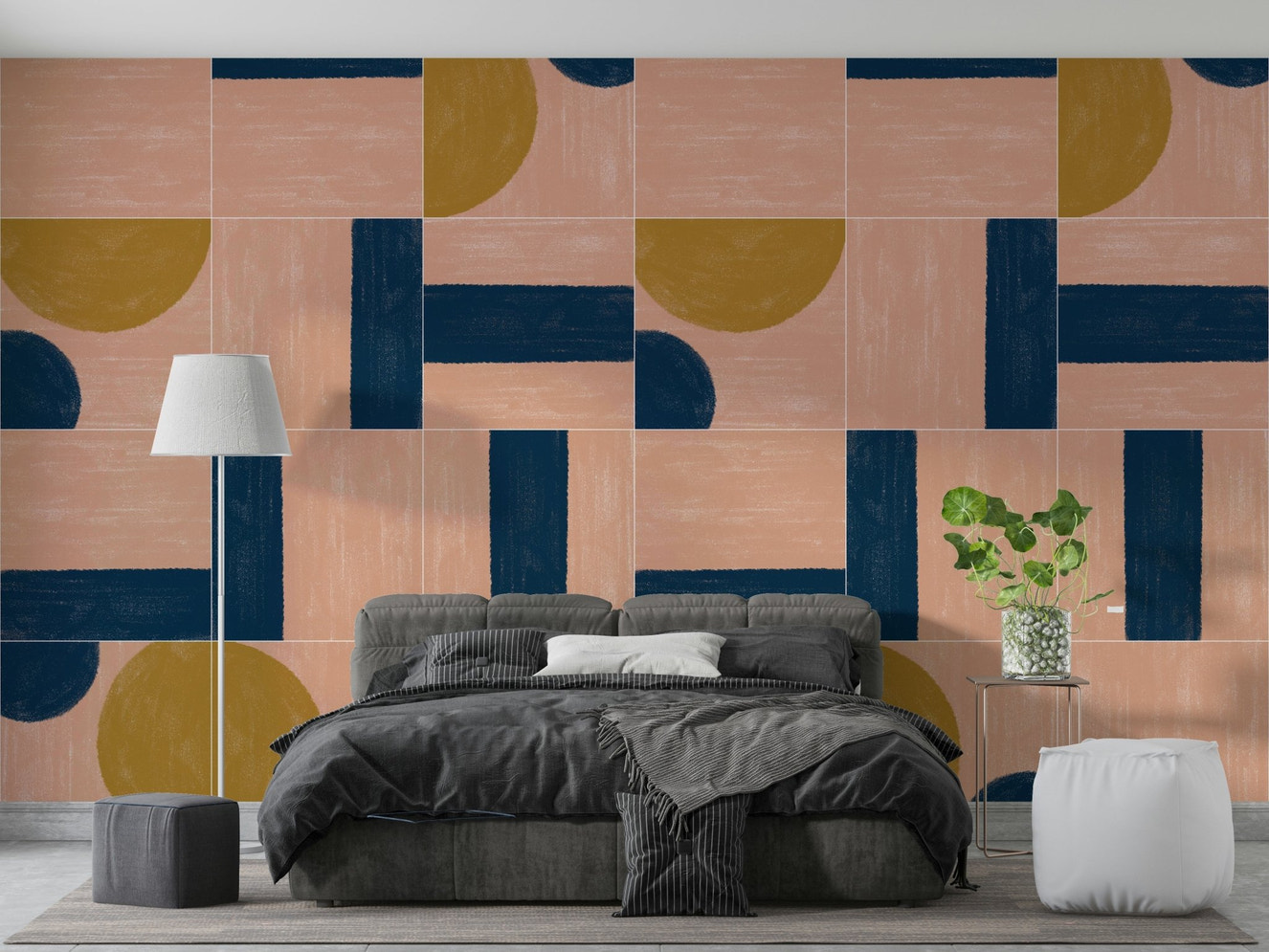 Decorative tile mural with hand-painted, colorful designs

