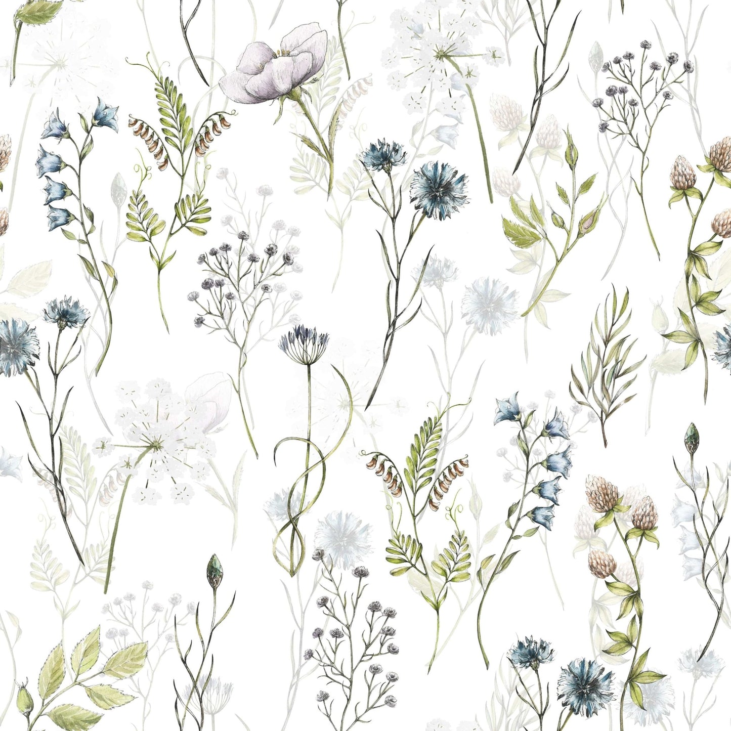 Peaceful Painted Watercolor Meadow Blooms wall mural of blooming fields.
