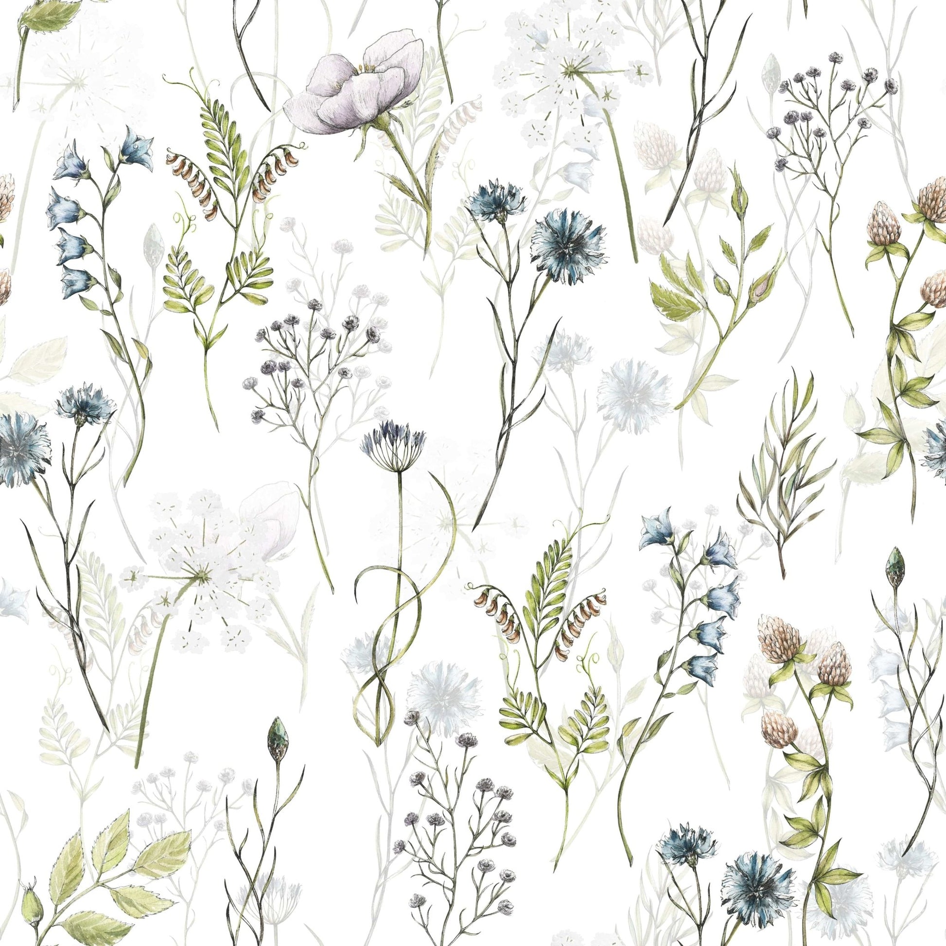 Peaceful Painted Watercolor Meadow Blooms wall mural of blooming fields.
